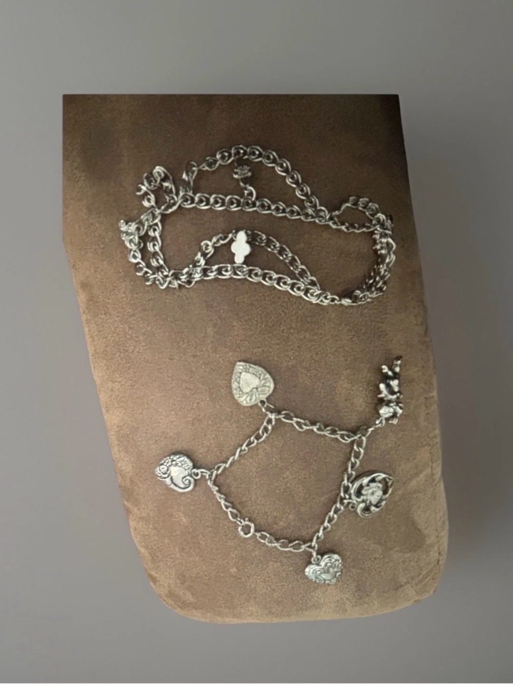 Two Bracelets Silvertone W Charms Crosses, Hearts Angel Double Bracelet Hearts